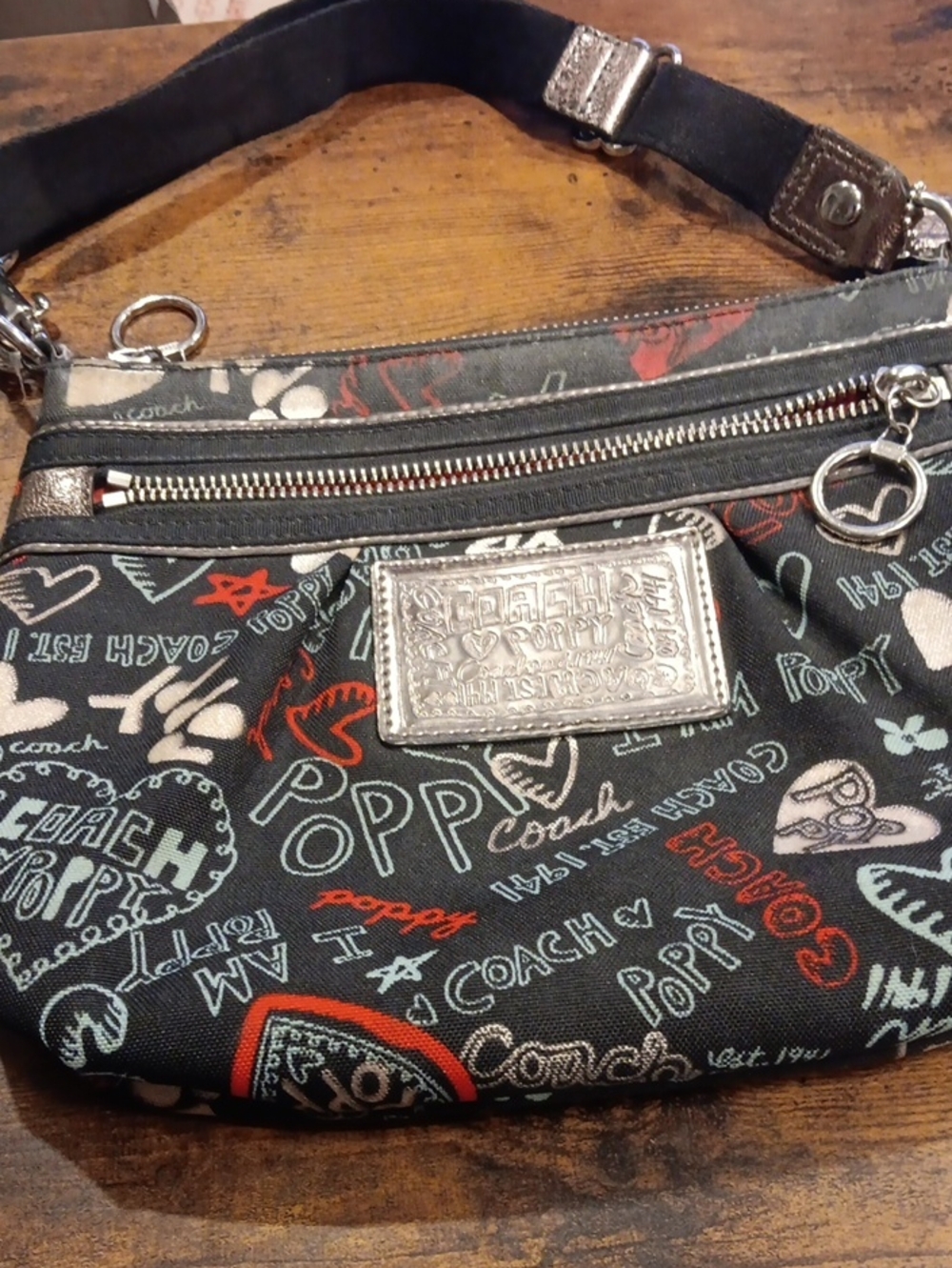 Coach Vintage Poppy Graffiti Canvas Shoulder Bag Black Silver